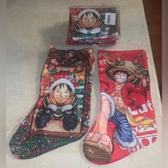Set of 2 One Piece Anime Monkey D. Luffy Red & Green Christmas Stockings NEW - Picture 1 of 3